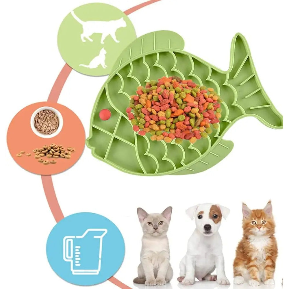 Petpal anti gulping pet feeder in a fish shape designed to prevent fast eating for cats and dogs