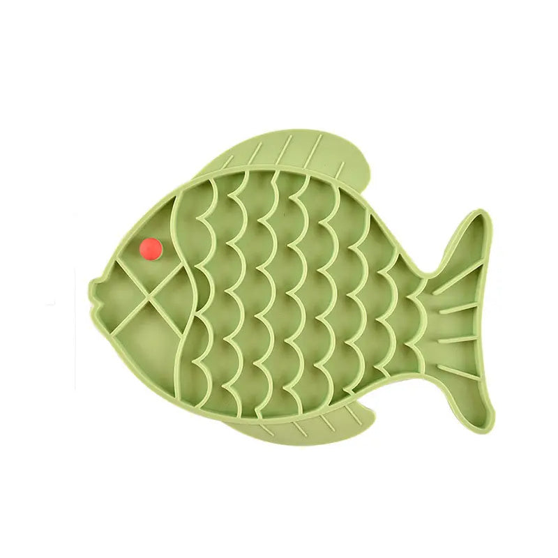 Green fish-shaped anti gulping pet feeder designed to slow down fast eaters