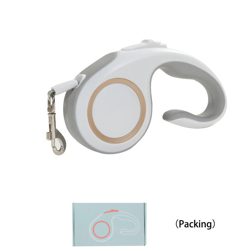 Automatic pet traction rope in white with ergonomic handle for easy dog walking