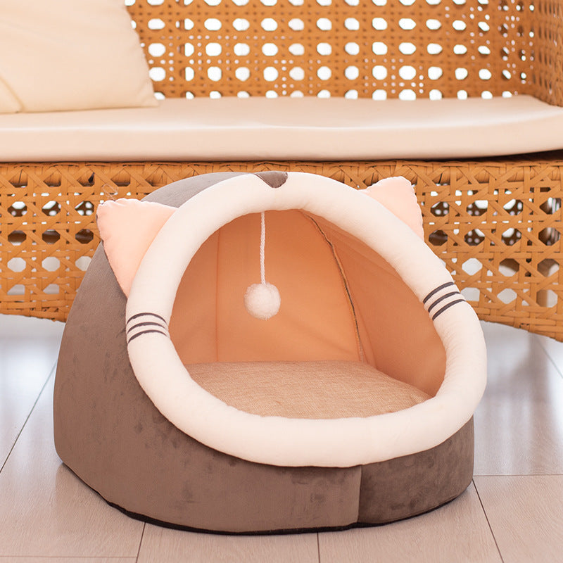 Cozy pet bed designed like a cat cave, perfect for use with a closed cat litter box