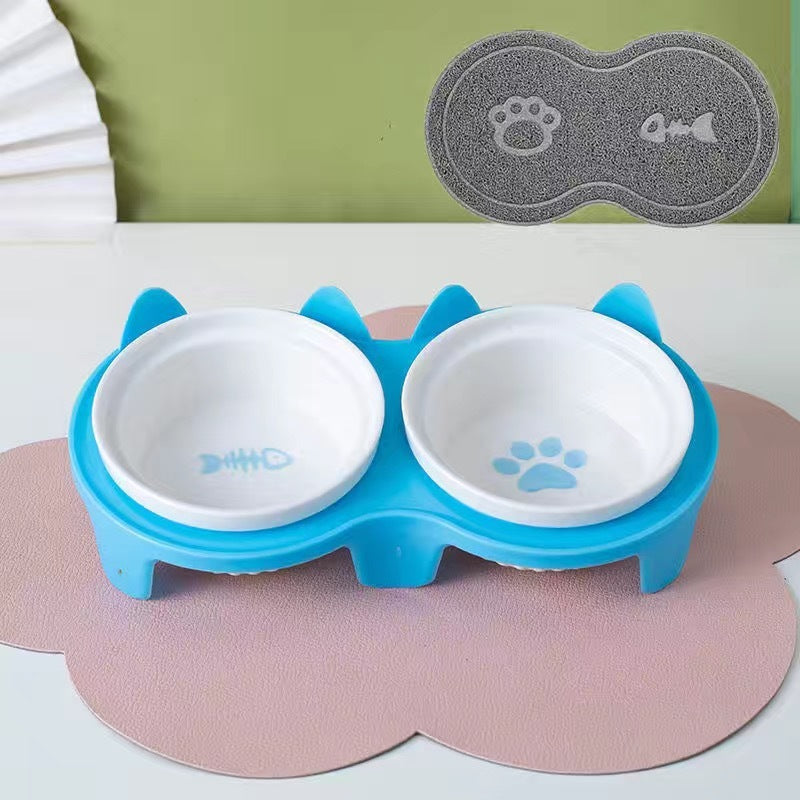 Petpal accessories ceramic cat bowl set with blue holder and fish paw print design for cats