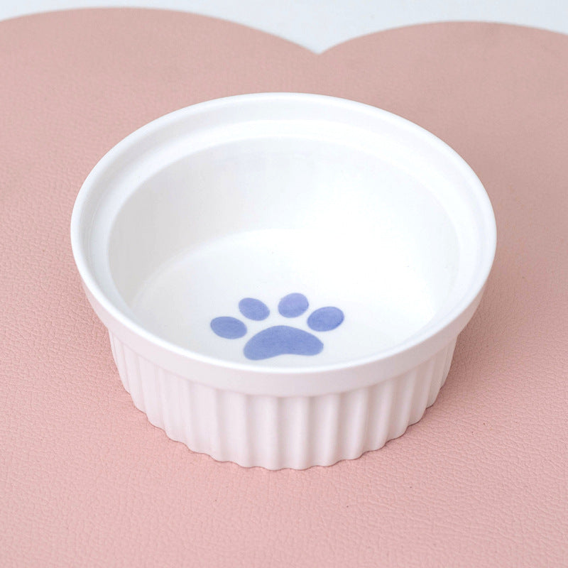 Ceramic cat bowl set with a cute paw print design, ideal for feeding and watering your feline friend
