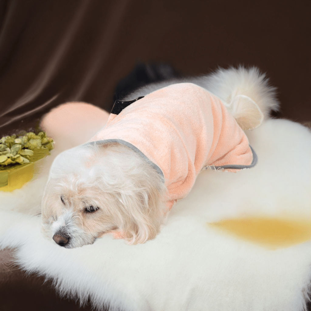 Cozy dog wearing a comfortable pet bath towel in soft peach color, ideal for drying pets after a bath