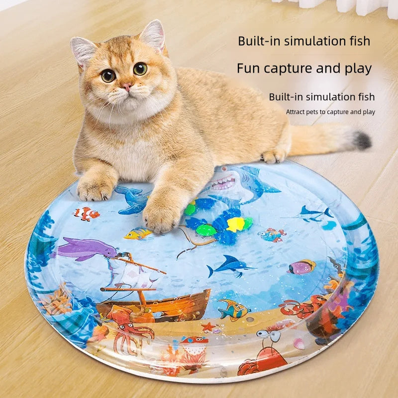 Cooling pet water bed with fish design, ideal for playful cats and keeping them refreshed