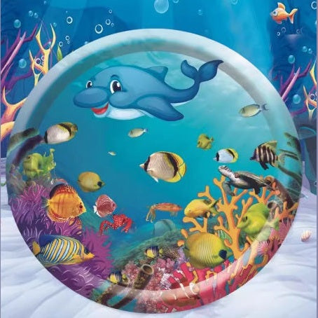 Cooling pet water bed designed with colorful underwater scene and playful dolphin for pets' comfort