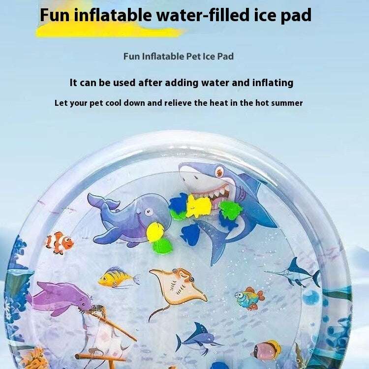Fun inflatable pet water bed featuring colorful sea creatures for cooling pets in summer heat