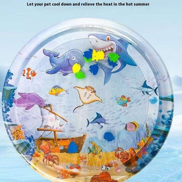 Cooling pet water bed with playful underwater design for pets to relax and cool down in summer