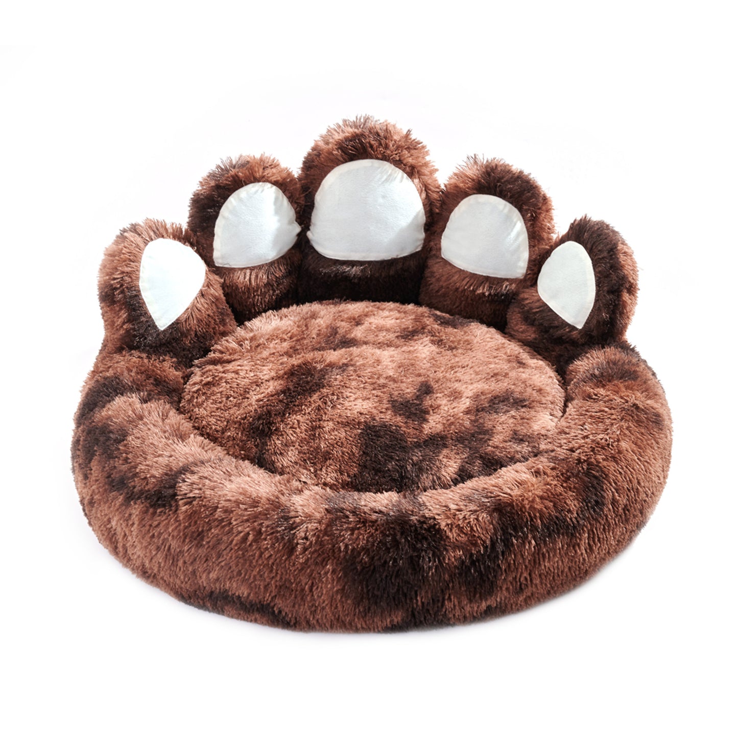 Cute dog bear paw bed in soft brown fabric, featuring plush paw design for ultimate pet comfort