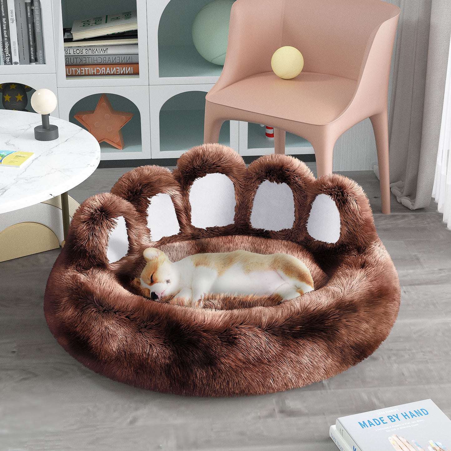 Cute dog bear paw bed in brown with fluffy padding for pet comfort and style