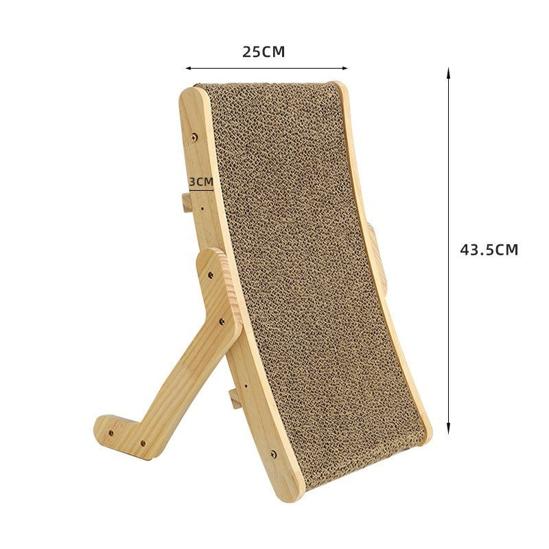 Wooden deformation cat bed designed for scratching with a sturdy base and ergonomic angle