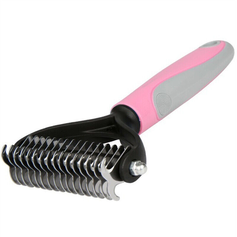 Double sided pet deshedding tool with ergonomic handle for effective grooming and shedding control