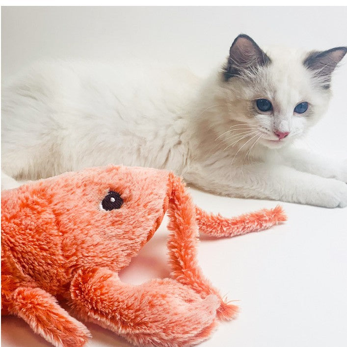 Electric jumping shrimp cat toy in orange with a playful kitten nearby