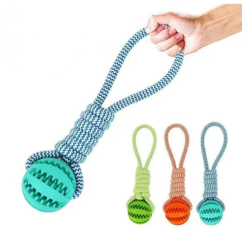 Colorful hemp rope dog toy with a durable rubber ball, ideal for playing with pets