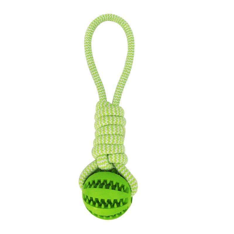 Bright green hemp rope dog toy with a textured ball for interactive play and chewing