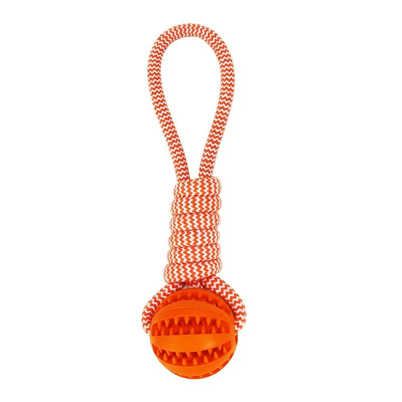 Colorful hemp rope dog toy with a textured ball for fetch and tug games