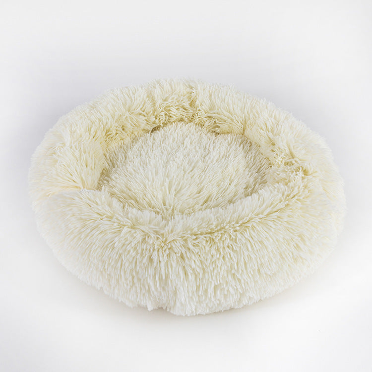50 cm round plush pet bed in beige, light-grey, and pink – ideal for cats and toy dog breeds, with faux fur finish, non-slip base, and machine-washable cover
