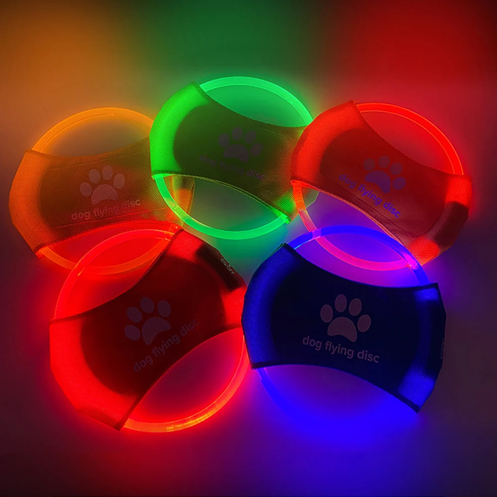 Colorful LED dog flying disc set glowing in red, green, and blue for nighttime playtime with pets