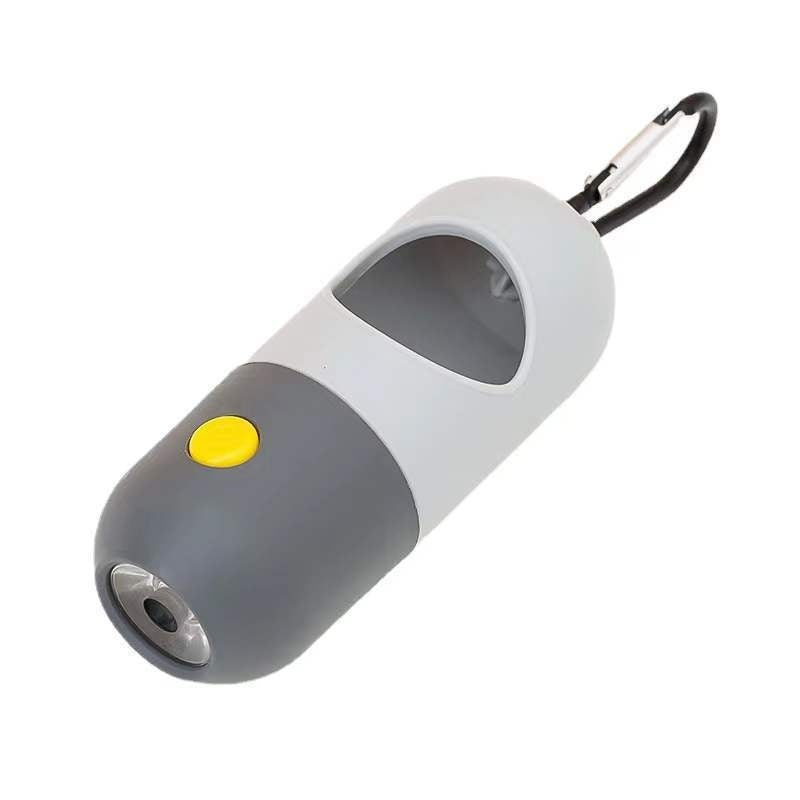 LED pet waste bag dispenser in grey with a bright light feature for convenient cleanups during walks