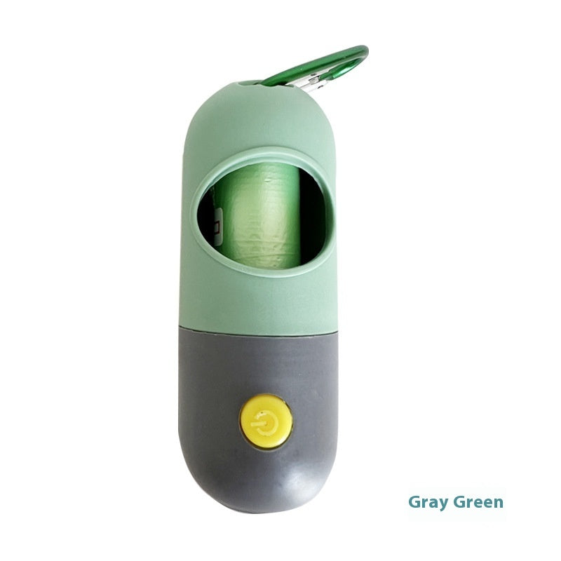 Gray Green LED pet waste bag dispenser with a button for easy operation and refillable bags