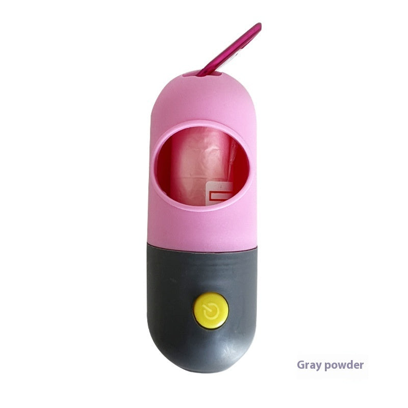 LED pet waste bag dispenser in pink and gray for convenient dog walks and waste management