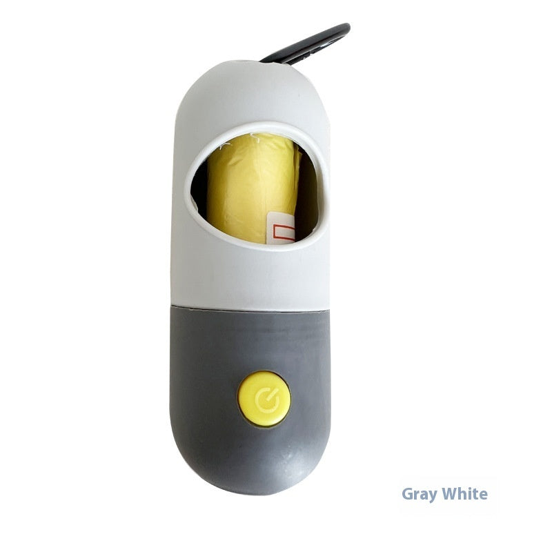 Gray White LED pet waste bag dispenser with easy access to bags and a bright button for convenience
