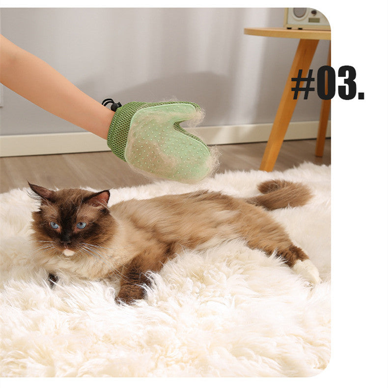 2-in-1 pet grooming glove in use, gently brushing a fluffy cat on a soft rug