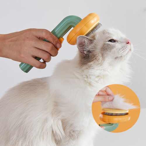 Pet pumpkin brush gently removing loose fur from a fluffy white cat during grooming