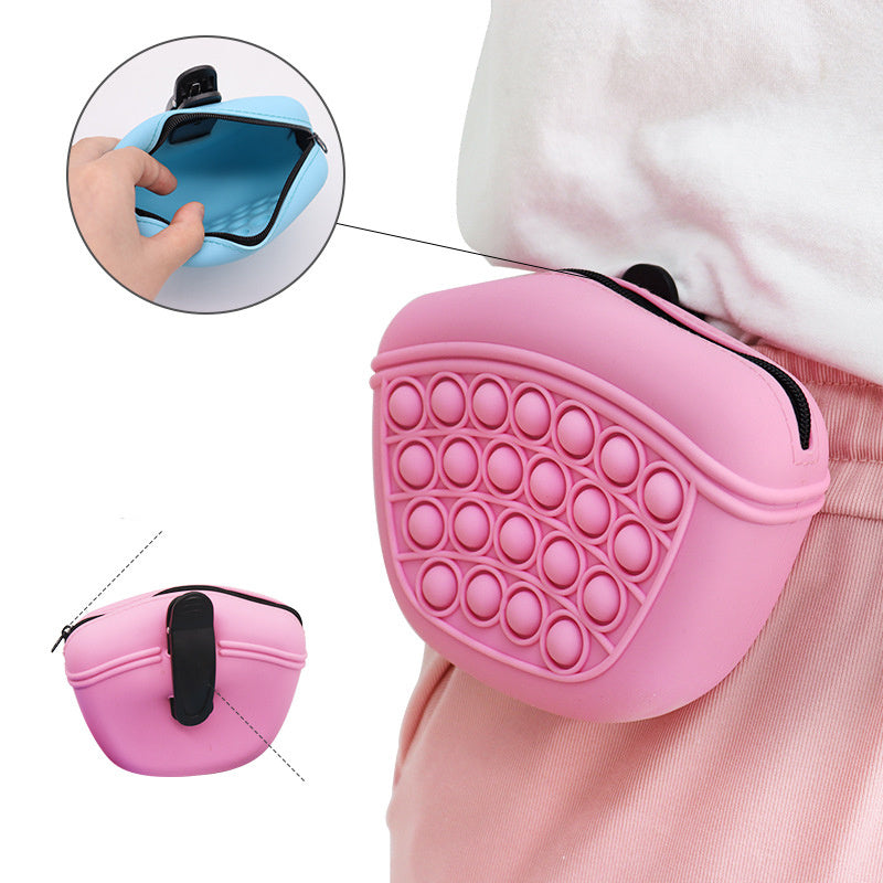 Portable pet treat storage in pink with easy-open zipper and flexible design for dog training