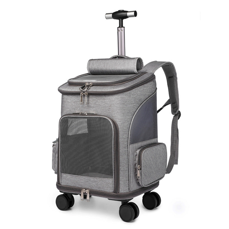 Gray portable pet trolley backpack with wheels and adjustable handle for easy travel with pets