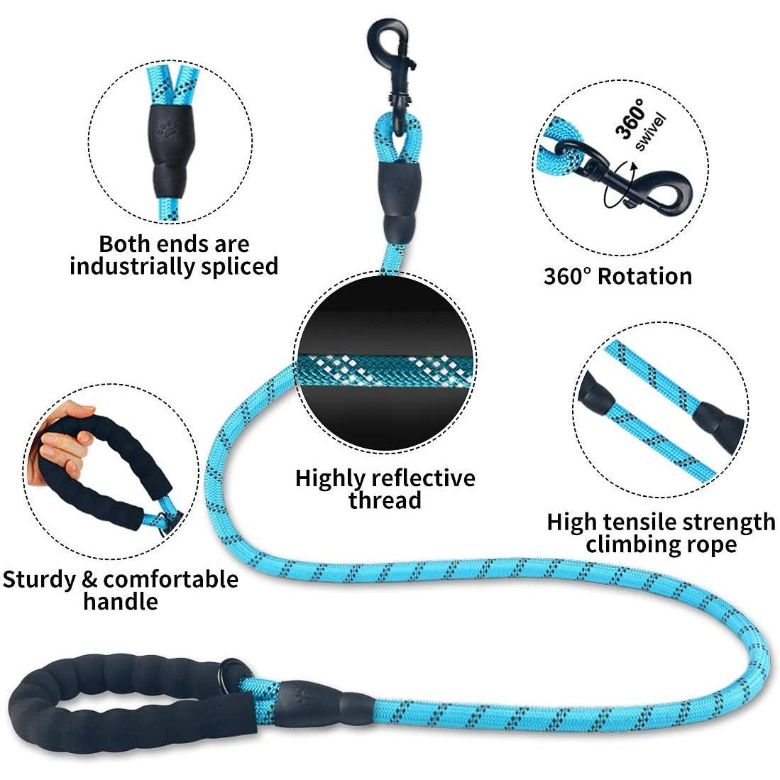 Reflective puppy leash for night walks with durable handle and 360 degree rotation features