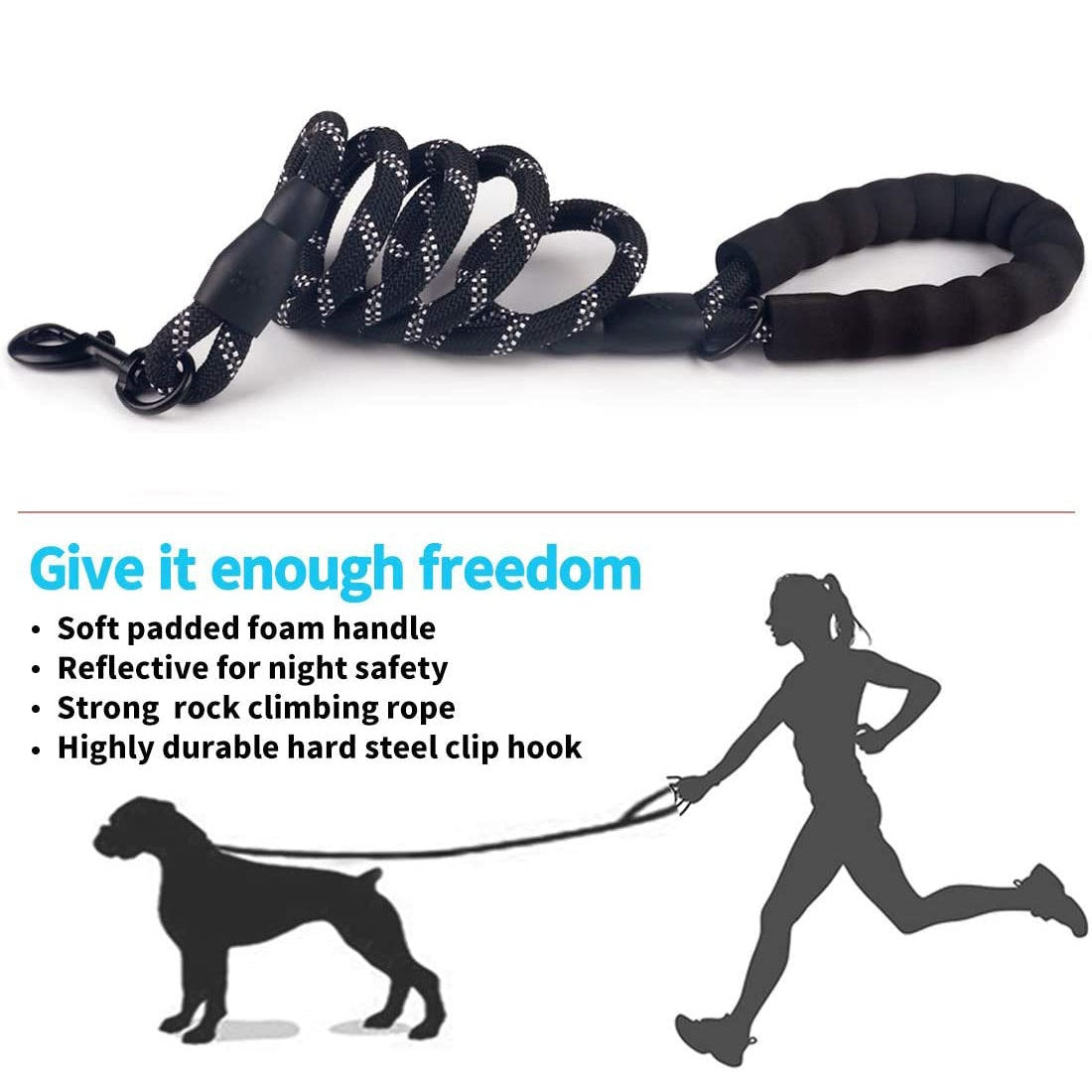 Reflective puppy leash for night walks with soft padded handle and strong climbing rope design
