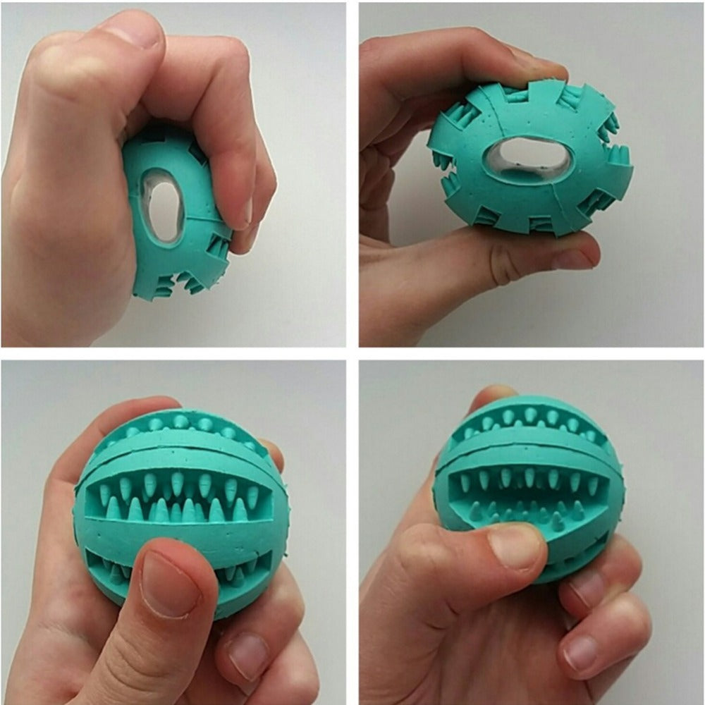Flexible rubber dog ball toy in teal with textured surfaces for enhanced grip and playtime fun