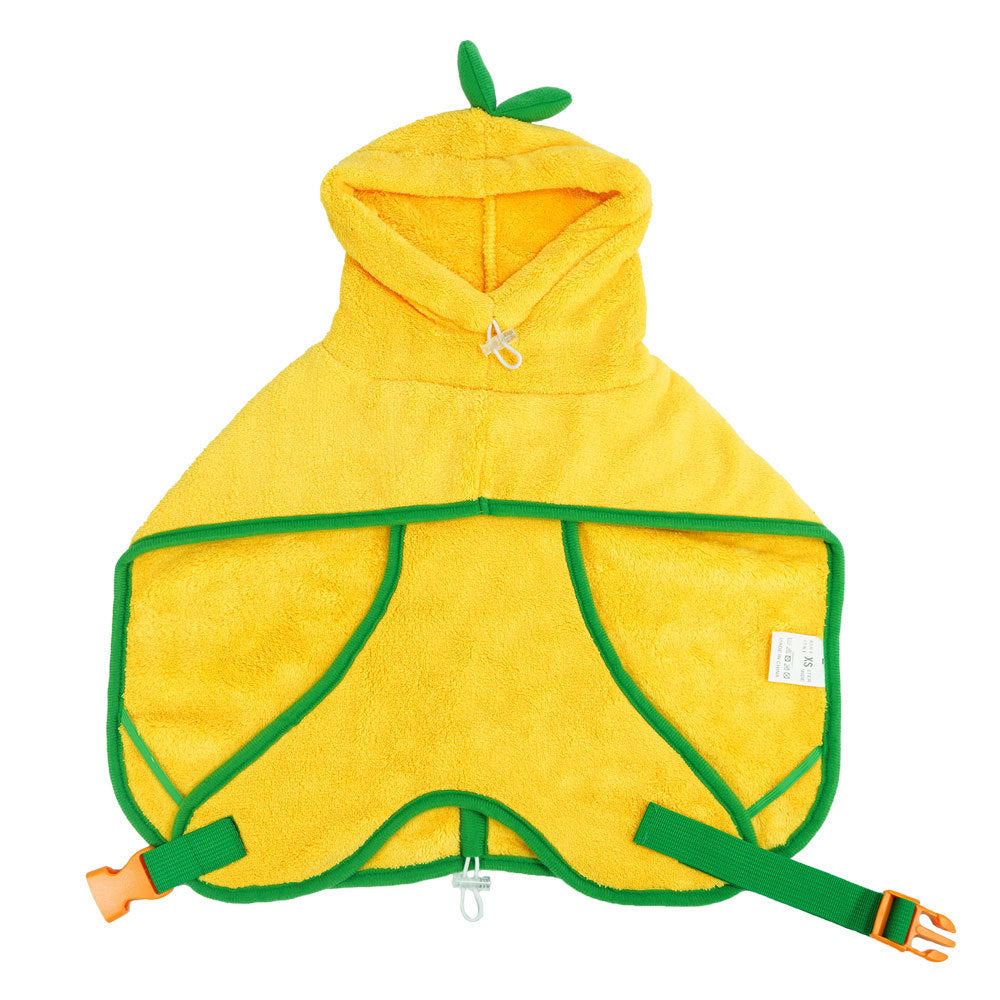Yellow hooded super absorbent dog towel with green trim and adjustable straps for drying pets quickly