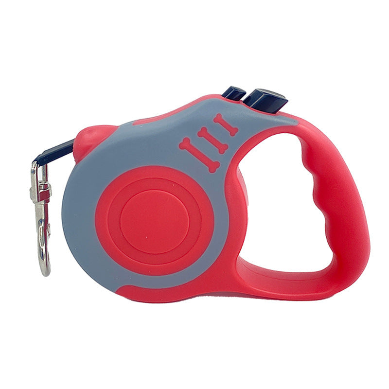 Telescopic dog leash in red and gray design with user-friendly grip and locking mechanism