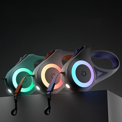 Petpal automatic pet leash extension in three colors with glowing LED features for enhanced visibility