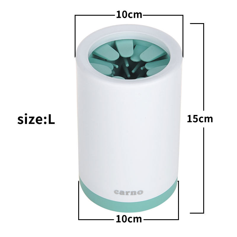 Portable pet paw cleaner in white and teal with dimensions for effective dog paw cleaning.