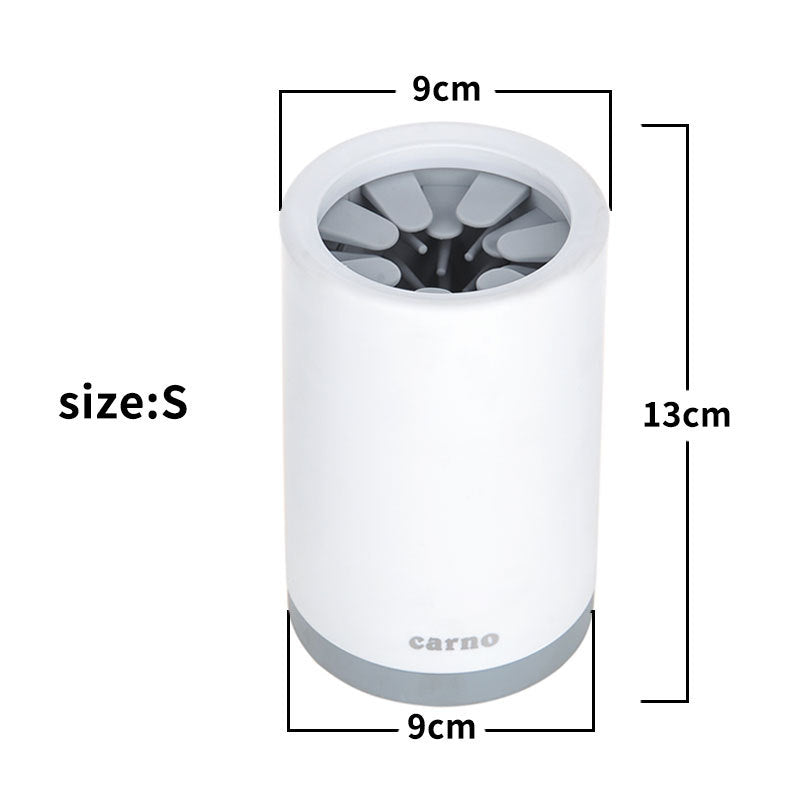 Portable pet paw cleaner in white size S designed to easily clean furry paws after walks