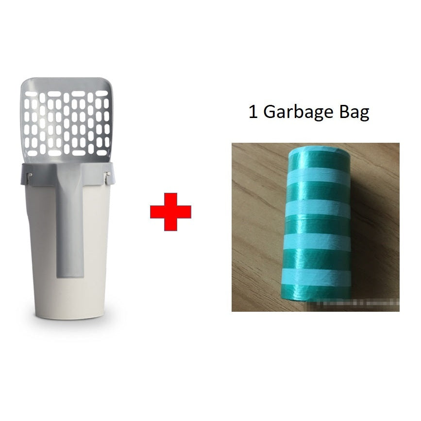 Petpal cat litter shovel with storage featuring a sturdy scoop and a complimentary garbage bag roll.