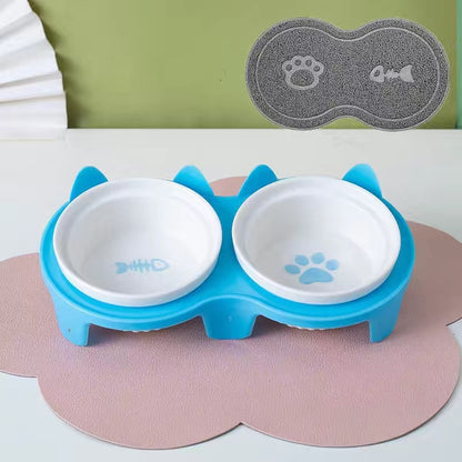 Petpal accessories ceramic cat bowl set with blue holder and fish paw print design for cats