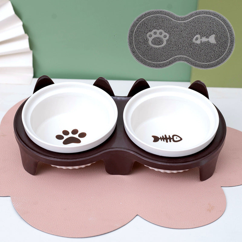 Ceramic cat bowl set with dual designs and non-slip base for feeding cats comfortably