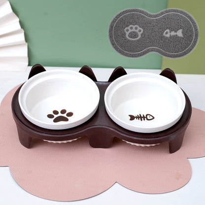 Ceramic cat bowl set with dual designs and non-slip base for feeding cats comfortably
