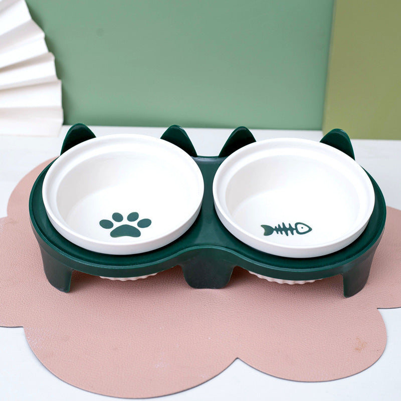 Petpal ceramic cat bowl set with paw and fish designs in a green holder for feeding cats