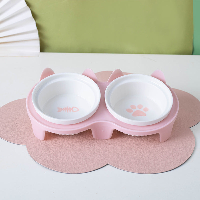 Petpal Accessories Ceramic Cat Bowl Set featuring dual compartments with cute fish and paw prints