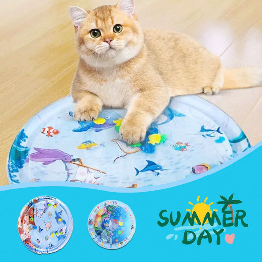 Cooling pet water bed featuring colorful ocean designs for cats and pets to relax on hot days