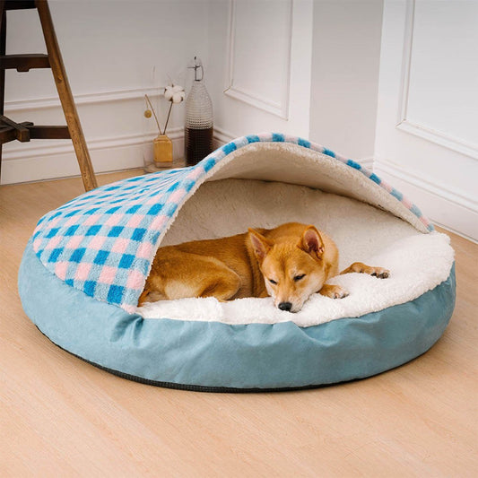 Cozy dog and cat bed with a soft interior and a checkered top for comfortable pet lounging