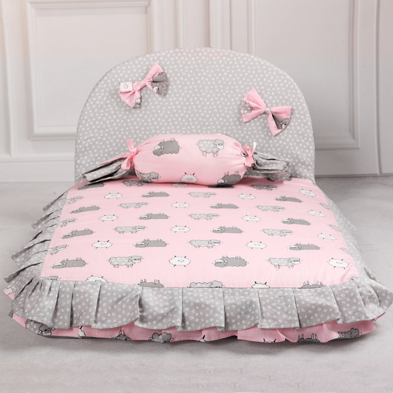 Creative dog mat with pink and gray design featuring cute animal prints and ruffled edges for stylish pet comfort