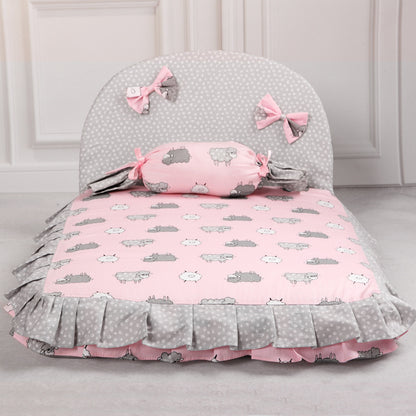Creative dog mat with pink and gray design featuring cute animal prints and ruffled edges for stylish pet comfort