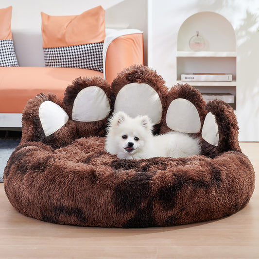 Cute dog bear paw bed in brown plush for small dogs, offering a cozy resting spot