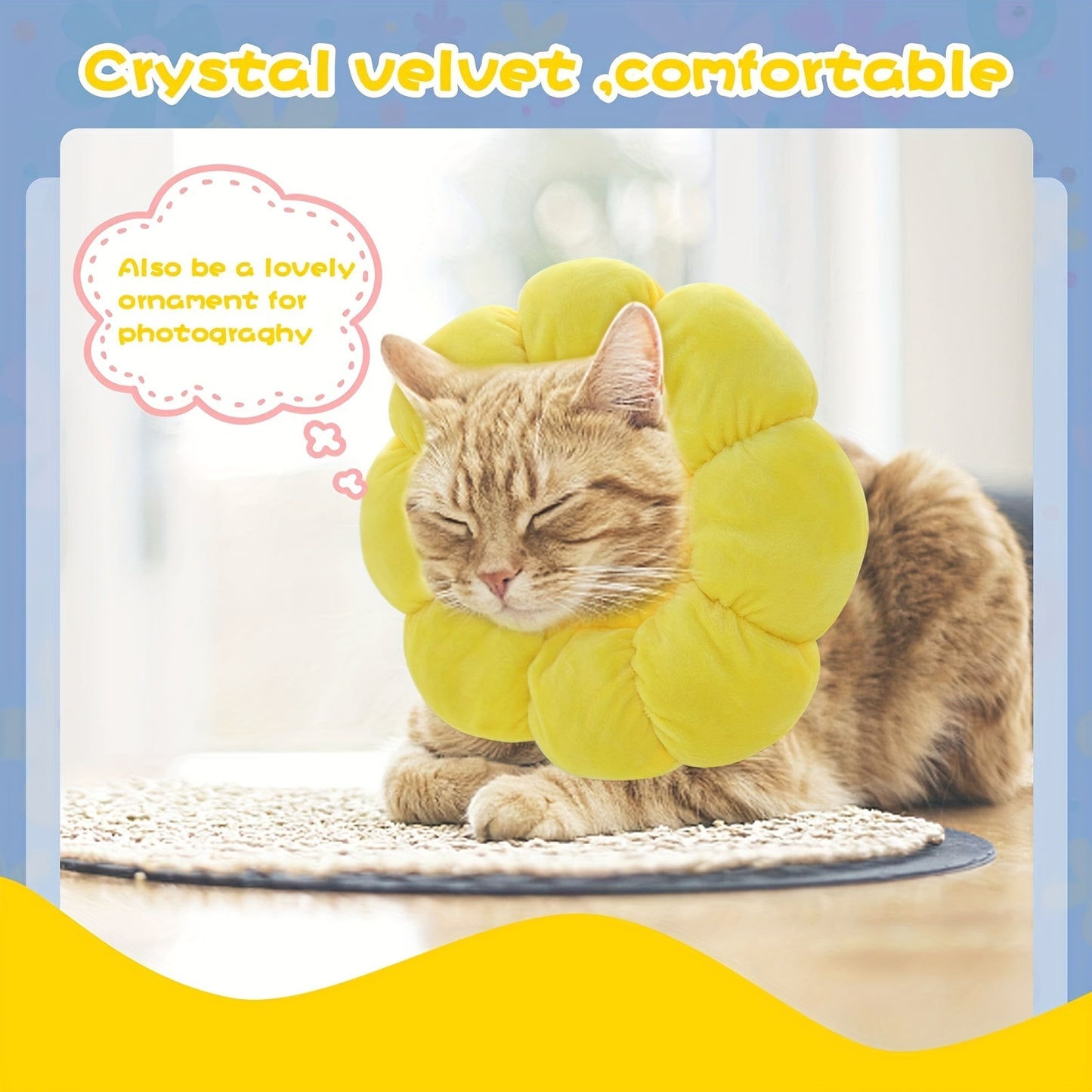 Cute sunflower pet recovery collar designed for comfort and photography, featuring soft velvet material