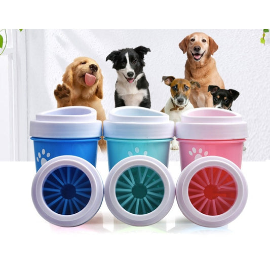 Petpal dog foot care product cleaning cups in blue and pink with happy dogs in the background